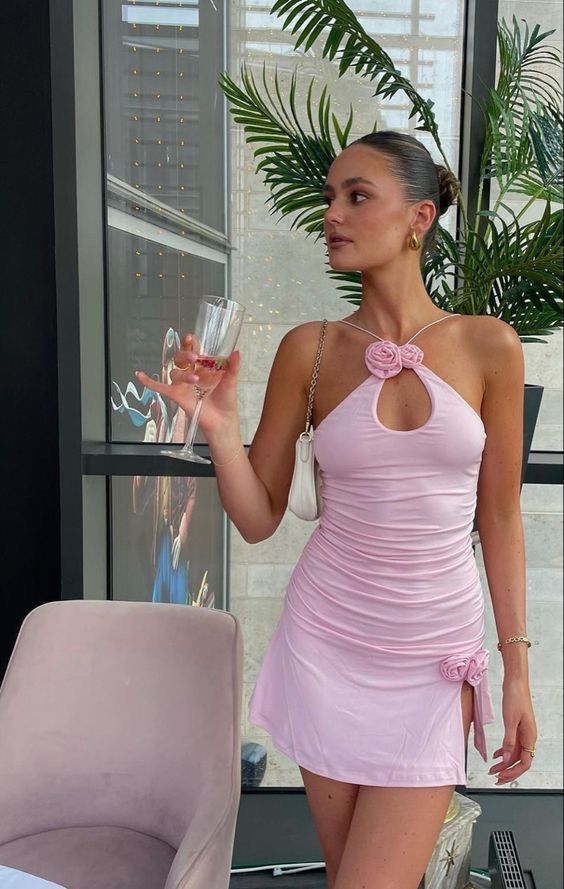 Pink halter neck slim waist sexy short skirt homecoming dress R3700