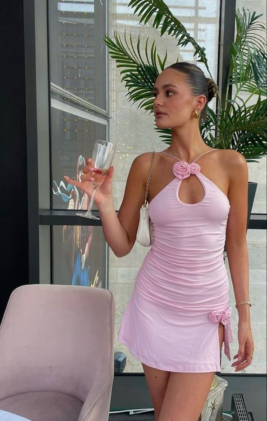 Pink halter neck slim waist sexy short skirt homecoming dress R3700