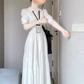 Atmosphere wear white polo long-sleeved dress waist temperament fishbone French long skirt R0484