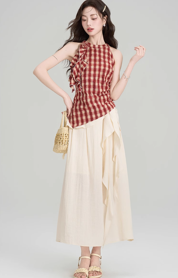 French irregular retro plaid halter neck off-shoulder top with strappy skirt two-piece set R2408