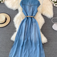 Light mature style sleeveless denim dress new French retro waist slimming A-line shirt long skirt R0407