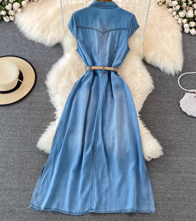 Light mature style sleeveless denim dress new French retro waist slimming A-line shirt long skirt R0407