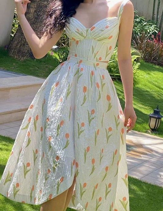 White suspenders, fresh prints, slim waist long skirt, homecoming dress R3482