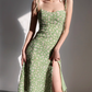 French slim side slit dress, vintage green daisy camisole, knee length skirt R2866