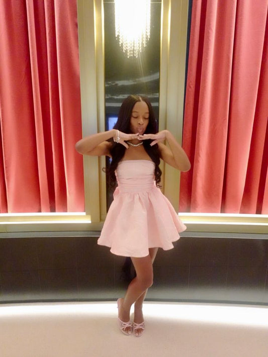 Minimalist Pink A-Line Strapless Satin Bodycon Mini Dress Homecoming Dress RS241