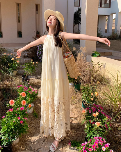 French retro hollow embroidery halter neck dress loose slim sleeveless holiday style long dress R0193