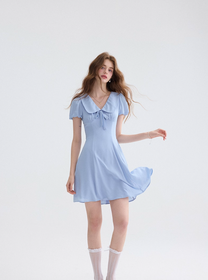 French blue lapel dress petite short skirt puff sleeves short A-line skirt for women R3560