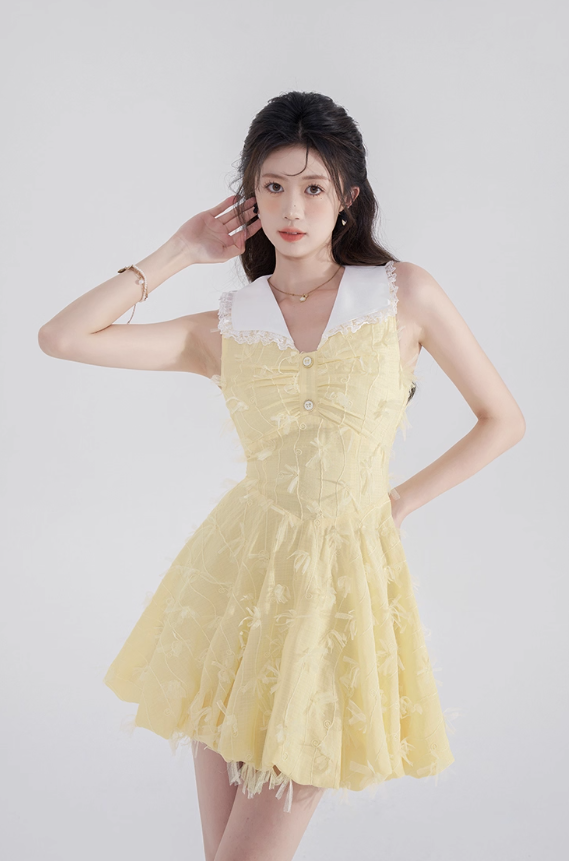 Summer pleated sleeveless dress new yellow lace sweet short skirt niche design waist skirt female R4116