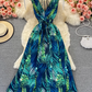 Backless V-neck printed dress for beach vacation, slim waist and long skirt R0360