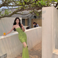 Green suspender dress, elegant waist, slim fit, hip skirt R0535