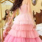 Pink and white suspender waist slim cake skirt dress, prom dress R5289