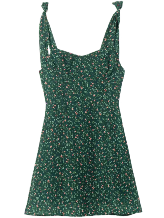 2025 Summer New Retro Platycodon Floral Green Holiday Short Suspender Dress R0906