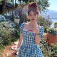 Square collar plaid waist short sleeve dress women's summer French style skirt R4826