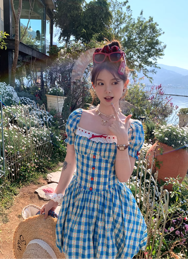 Square collar plaid waist short sleeve dress women's summer French style skirt R4826