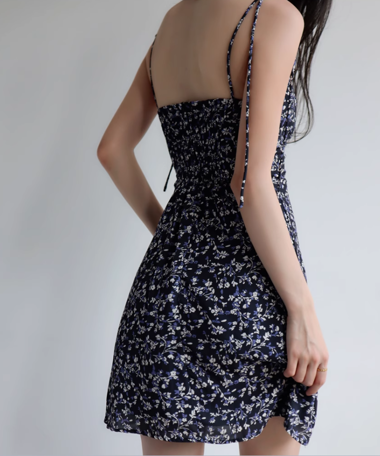 French retro slim fit navy blue floral dress waist suspender dress short skirt R2816