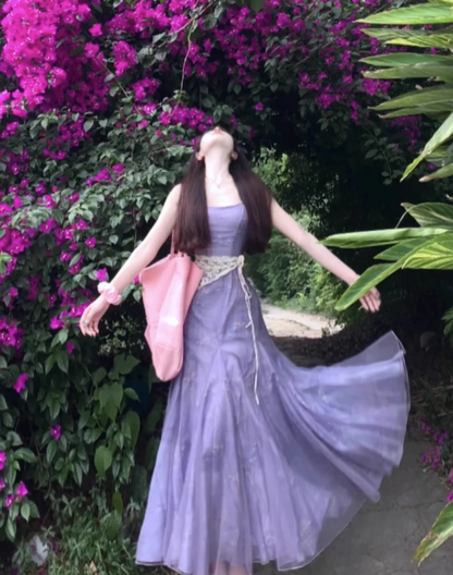 Purple suspender dress 2025 new tea break French style beautiful unique temperament beach dress R0459