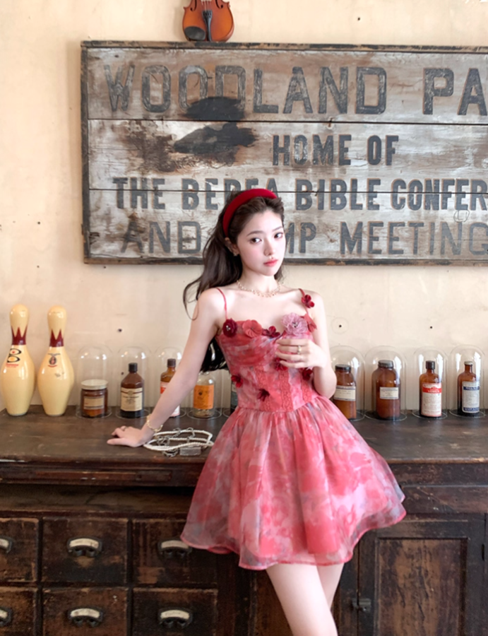 Red printed chiffon suspender dress women's summer French style waist skirt R4580