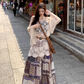 Fairy ethnic style wear hollow knitted lace cardigan floral skirt two-piece suit R1717