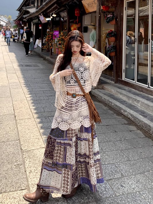 Fairy ethnic style wear hollow knitted lace cardigan floral skirt two-piece suit R1717