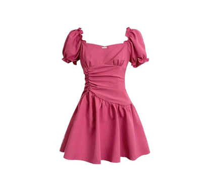 French rose red square neck puff sleeve dress 2025 new ruffled pleated temperament waist skirt R0062