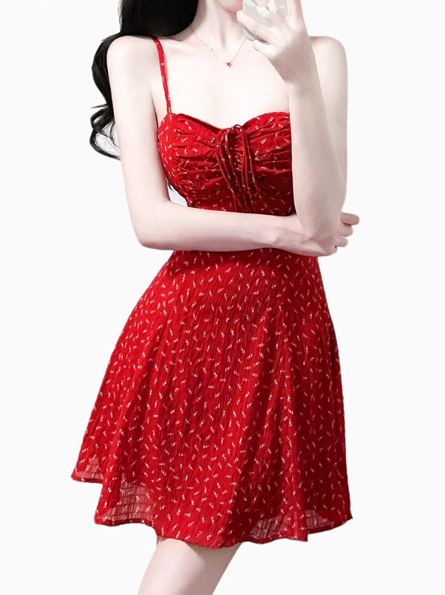 2025 Summer New Red Floral A-line Small Waist Suspender Dress R0911