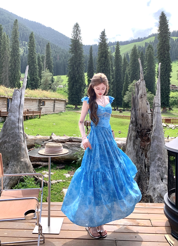 Long blue oil painting rose backless suspender dress for women summer French style skirt R4658