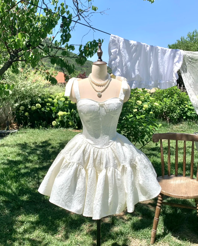 White suspender tie waist puffy skirt short skirt homecoming dress R4160