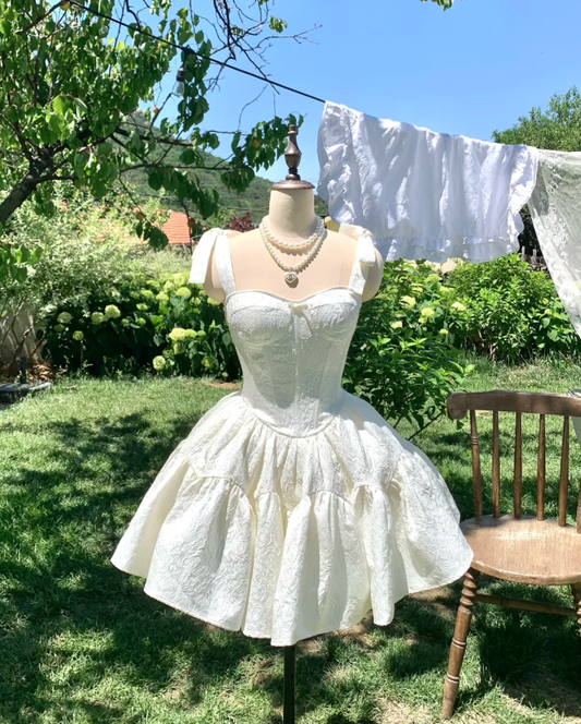 White suspender tie waist puffy skirt short skirt homecoming dress R4160