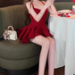 French red suspender dress for women with temperament waist irregular puffy skirt R3141