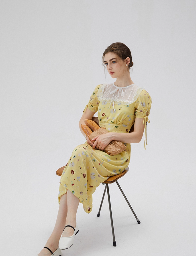 French yellow tea dress retro floral dress lace holiday dress for women R3558