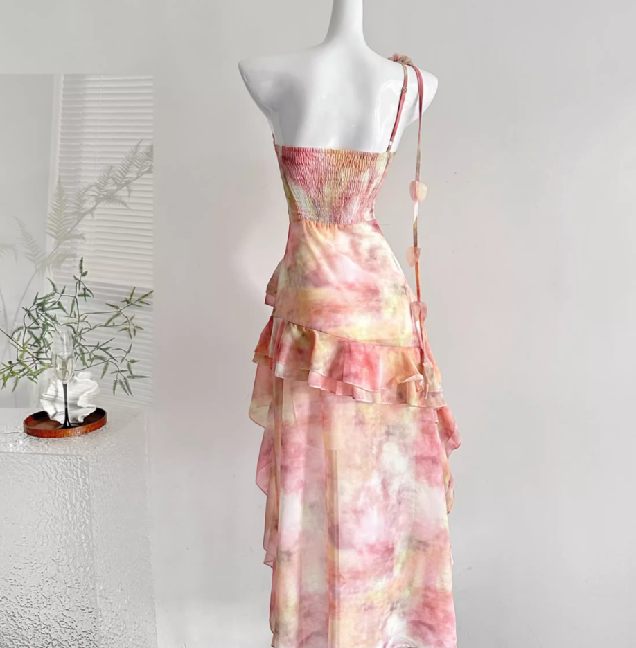 French style fairy beach dress ruffle irregular dress R2112