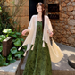 Dark green jacquard dress retro Chinese style suspender long skirt plus cardigan two-piece set R1736