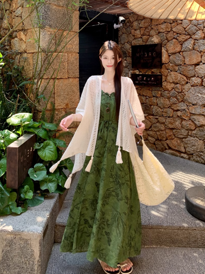 Dark green jacquard dress retro Chinese style suspender long skirt plus cardigan two-piece set R1736