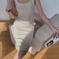 Square neck pleated slim waist suspenders long short hip-wrapped slit dress R1481