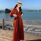 Travel wear retro ethnic style one-piece dress long sleeve seaside holiday wrap dress R1626