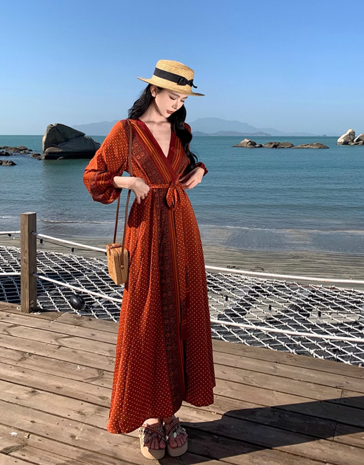 Travel wear retro ethnic style one-piece dress long sleeve seaside holiday wrap dress R1626