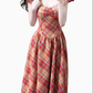 2025 Summer New Red Plaid French Retro Square Neck Temperament Short Sleeve Dress R0973