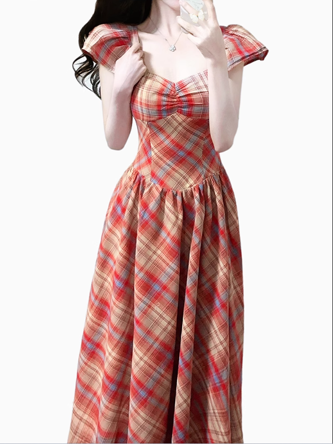 2025 Summer New Red Plaid French Retro Square Neck Temperament Short Sleeve Dress R0973