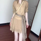 Retro gentle temperament good-looking V-neck long-sleeved shirt A-line skirt two-piece suit R0856