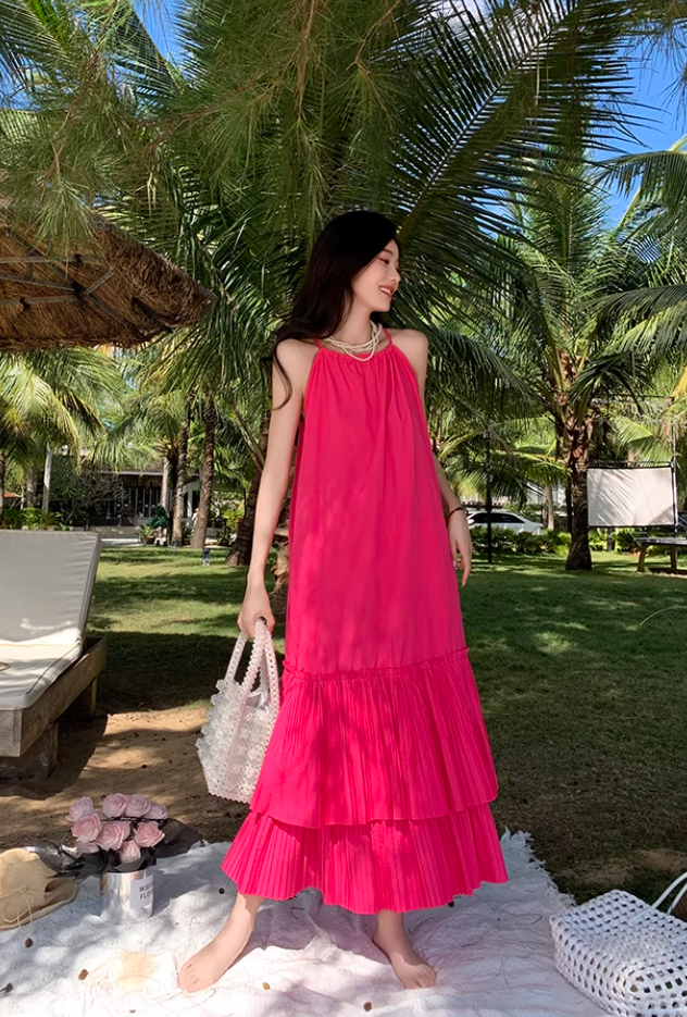 Seaside holiday style rose red white sleeveless dress high-grade layered pleated skirt R1582