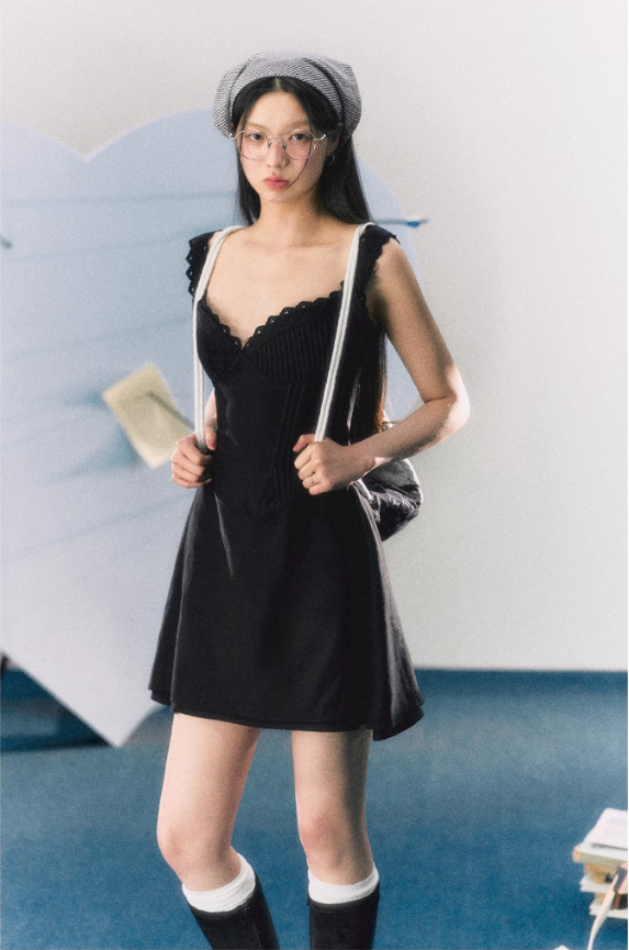 French pure black suspender dress sexy lace skirt R3323