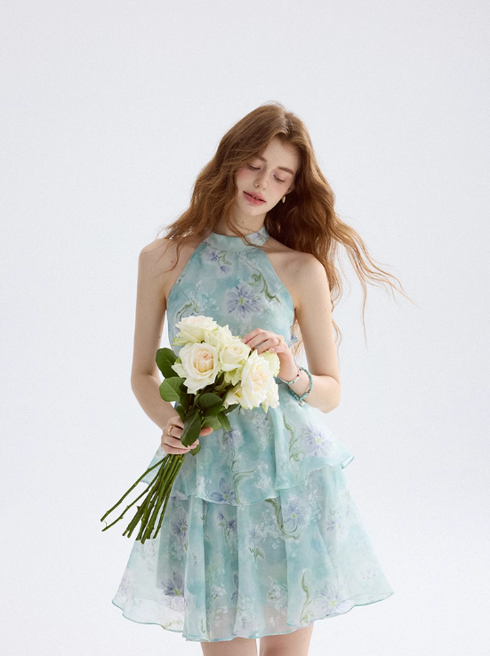 Floral dress halter neck suspender skirt short skirt vacation wear skirt women summer R3453