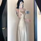 French style lady's suspender dress new summer style high-end exquisite acetate satin banquet dress R0435