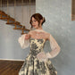 Retro pattern tube top waist slimming puffy skirt homecoming dress R3895