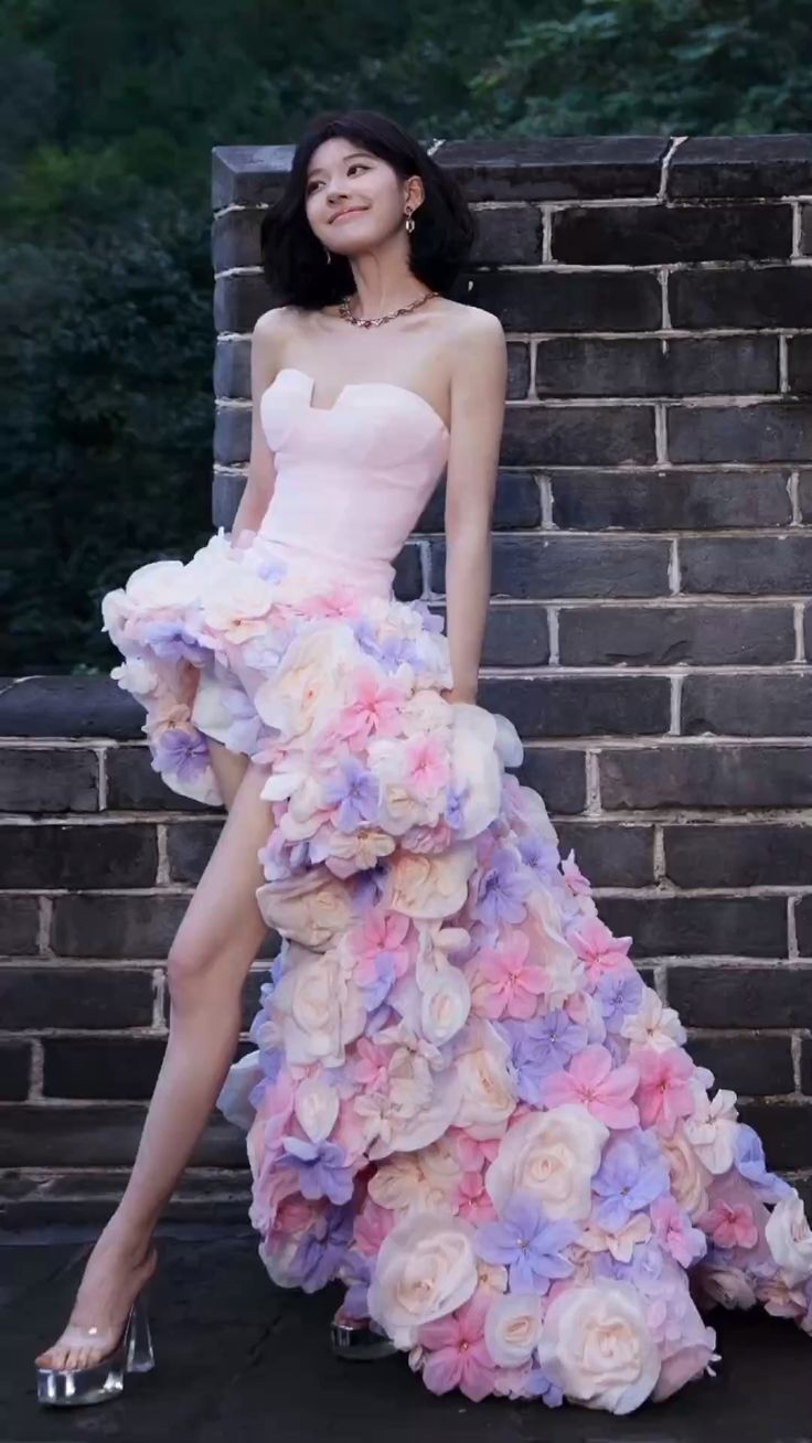 Pink tube top slim waist three-dimensional flower irregular skirt dress, prom dress R5295
