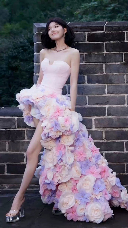 Pink tube top slim waist three-dimensional flower irregular skirt dress, prom dress R5295