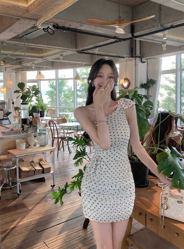 French polka dot irregular shoulder dress summer new temperament short skirt R4221
