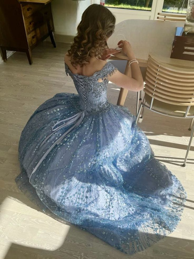 Glitter Tulle Embroidered Women's Prom Gown Baby Blue Waist Fitted Maxi Evening Dress Birthday Dress — Fall Outfit 2026 New  RS3261