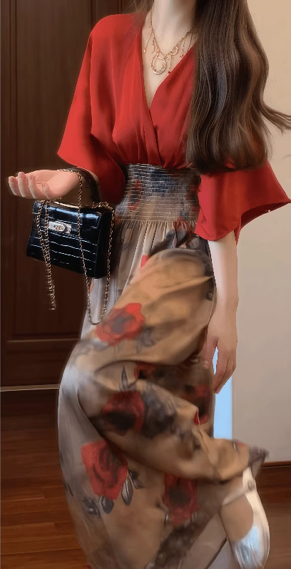 Retro red v-neck dress gentle temperament waist a-line long skirt R0744