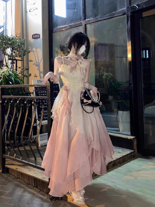 Spring Breeze French Lolita Gradient Pink Fairy Fishbone Sling Lolita Princess Dress Two-piece Set R1656